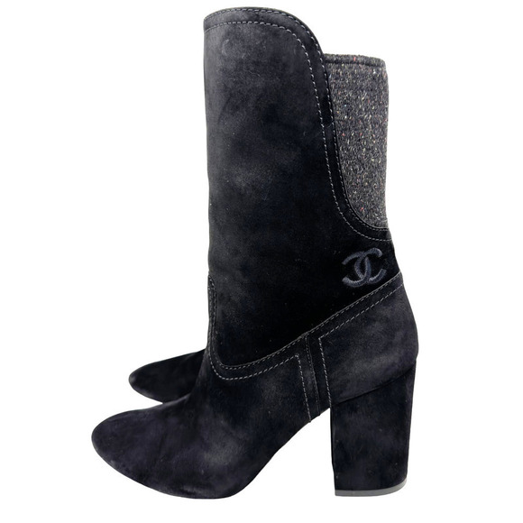 Chanel CC Logo Embroidered Black Suede Grey Tweed Mid Calf Heeled Ankle Boots - Picture 1 of 9